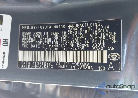 2014 Toyota Corolla S Plus from USA, damaged, VIN 2T1BURHE3EC224295